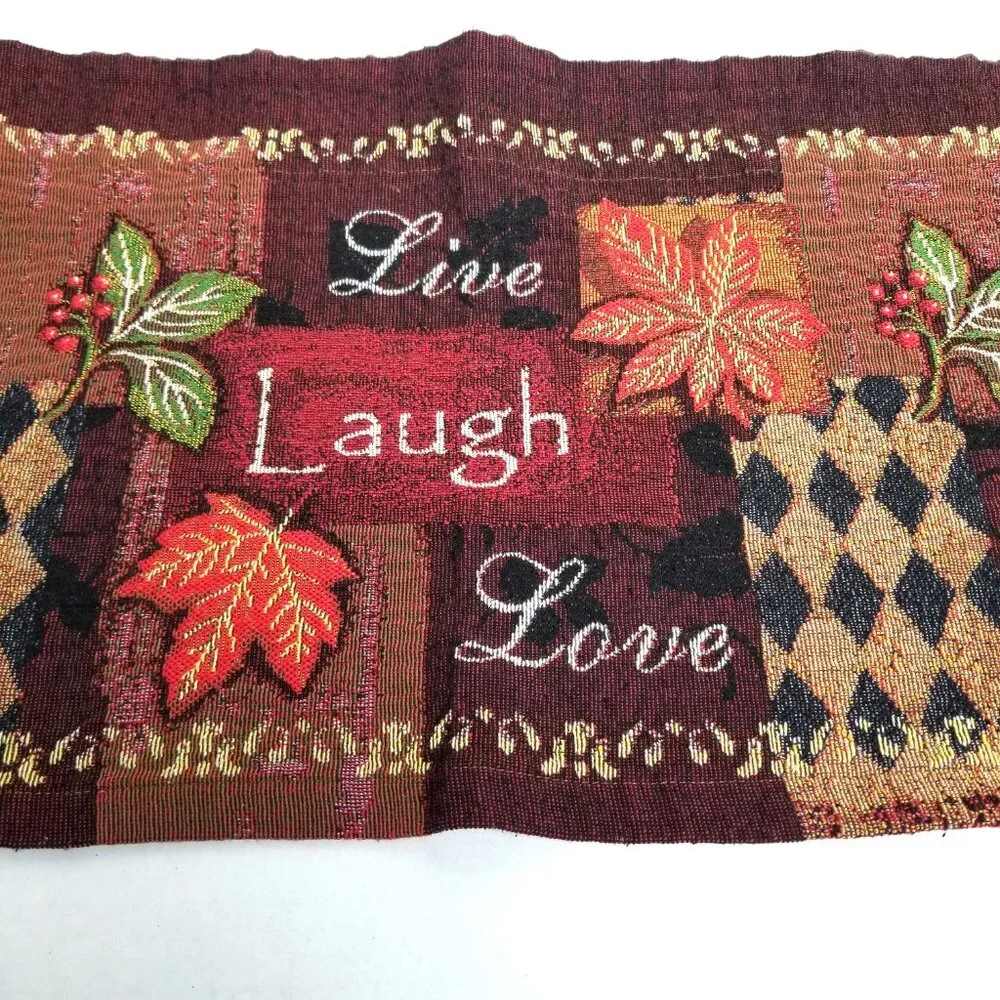 Live Laugh Love Valance Set of 3 Burgundy Brown Leaves Tapestry Curtains